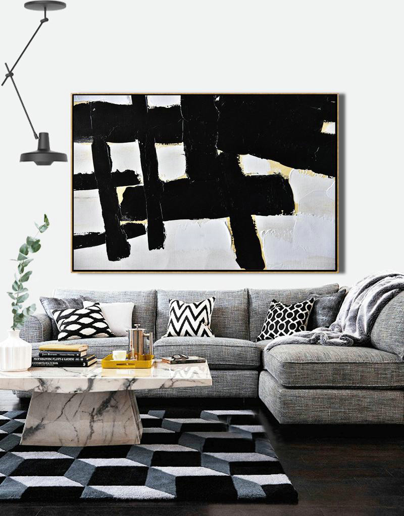 Big Canvas Painting,Horizontal Palette Knife Minimal Canvas Art Painting Black White Beige - Abstract Art Decor Large Canvas Painting